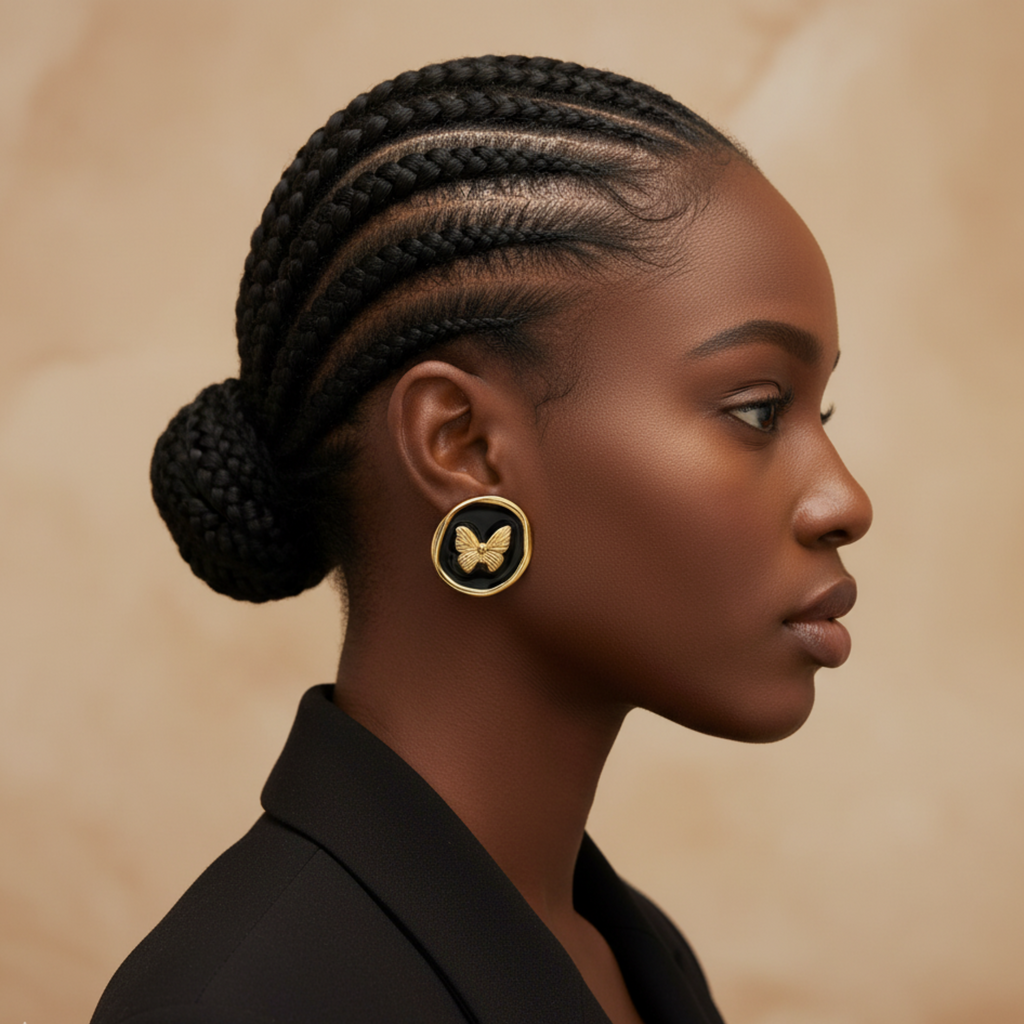 Woman with braided hair styled in a bun, wearing a butterfly earring against a beige background